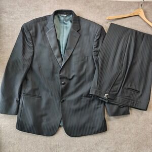 Tallia Ultressa Super 110s Wool Tuxedo Suit Set Mens 48R Black Striped 2 Button